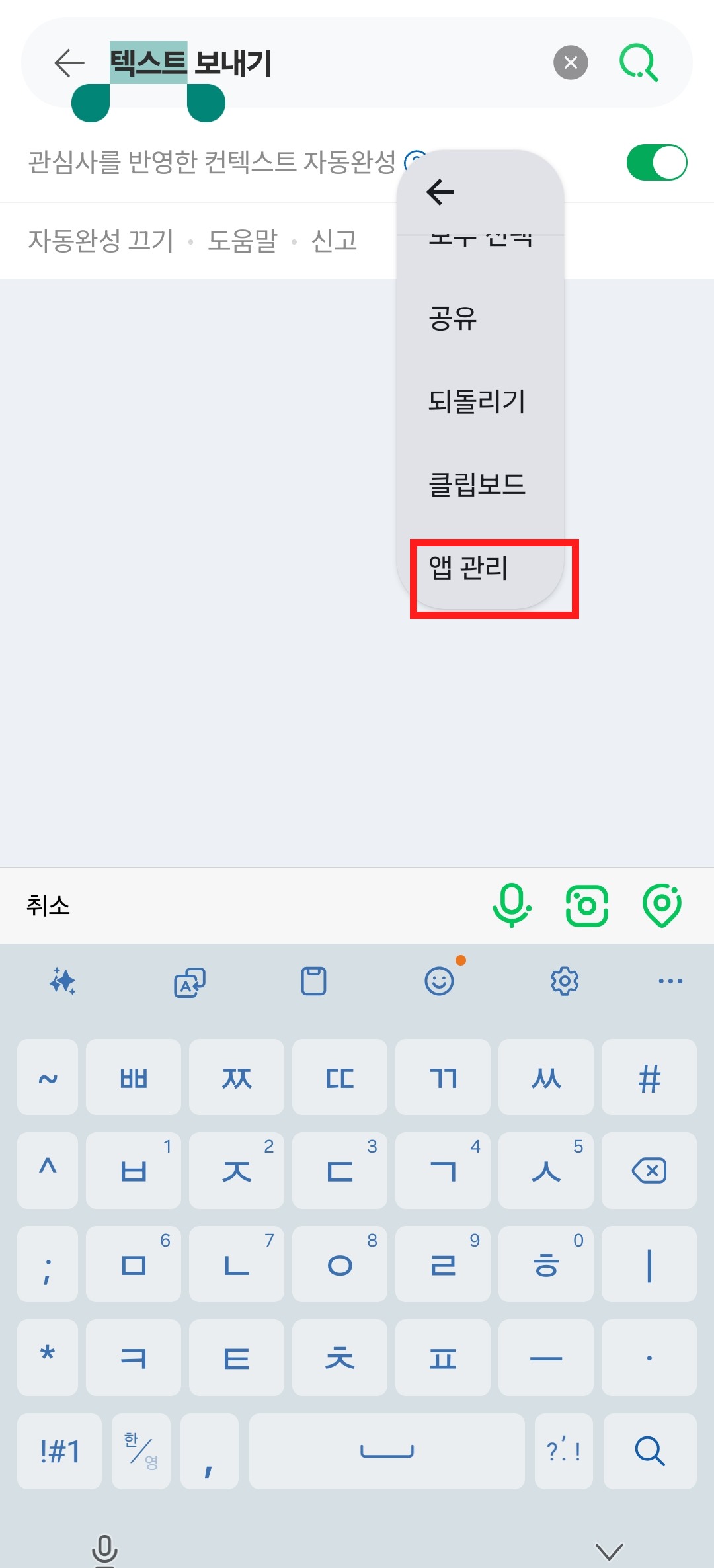 텍스트 선택 메뉴에서 앱 관리를 누르는 화면